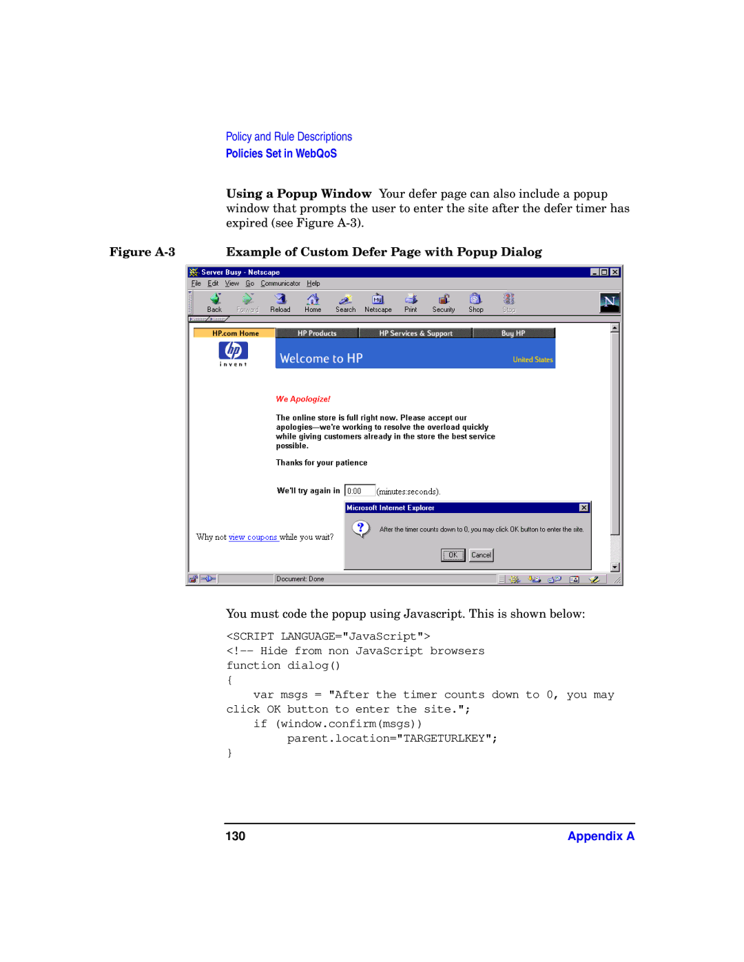 HP WebQoS Software manual Expired see Figure A-3, Figure A-3 Example of Custom Defer Page with Popup Dialog 