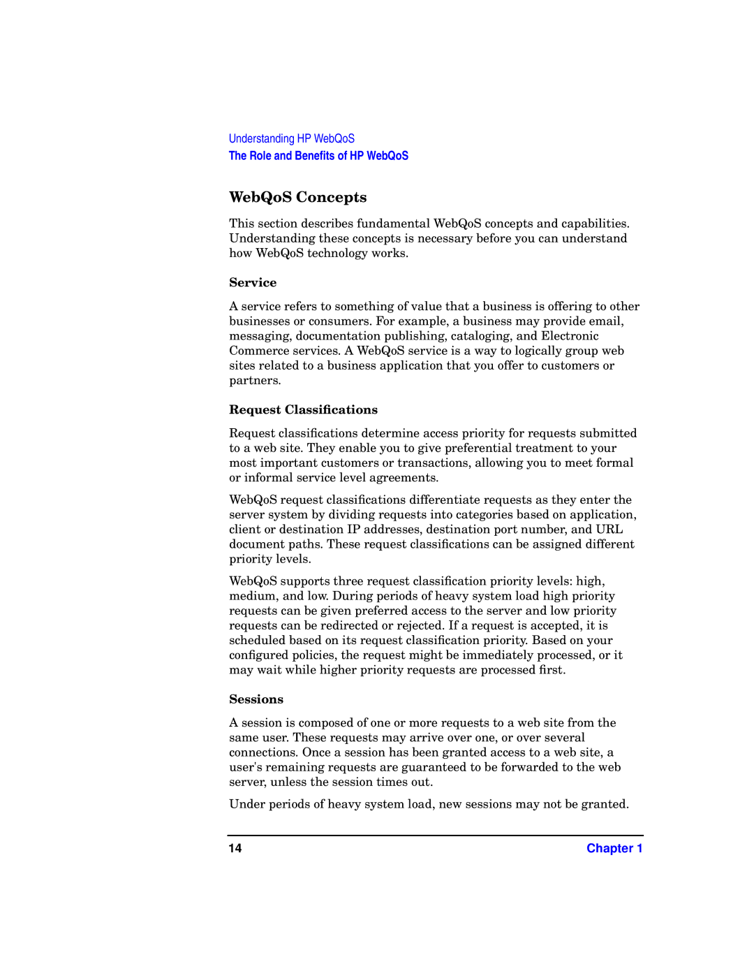 HP WebQoS Software manual WebQoS Concepts, Service, Request Classiﬁcations, Sessions 