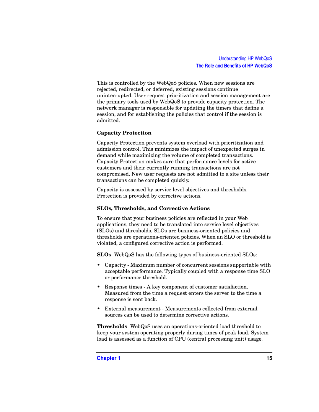 HP WebQoS Software manual Capacity Protection, SLOs, Thresholds, and Corrective Actions 