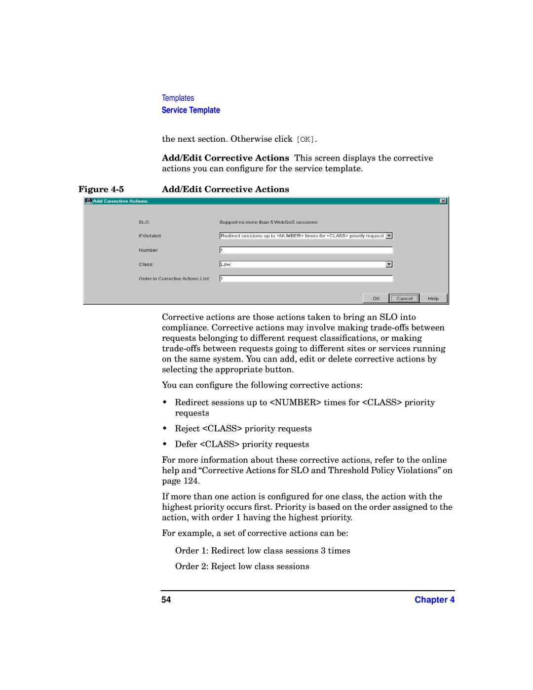 HP WebQoS Software manual Add/Edit Corrective Actions 