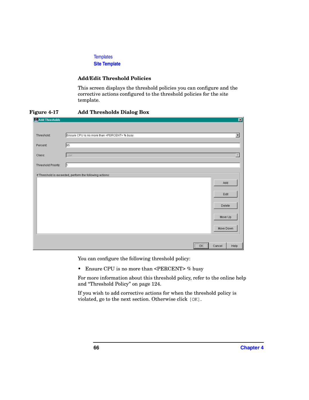 HP WebQoS Software manual Add/Edit Threshold Policies, Add Thresholds Dialog Box 