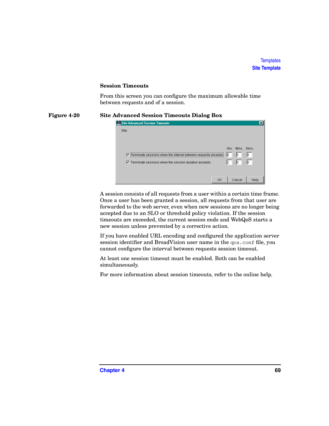 HP WebQoS Software manual Site Advanced Session Timeouts Dialog Box 