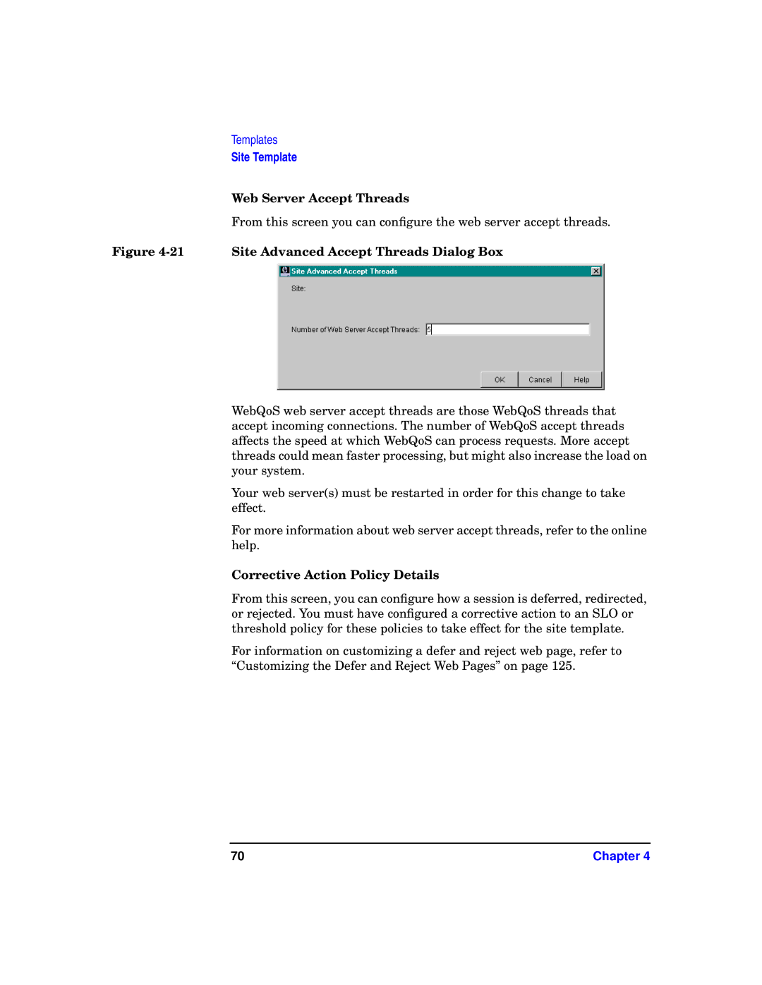 HP WebQoS Software manual Web Server Accept Threads, Corrective Action Policy Details 