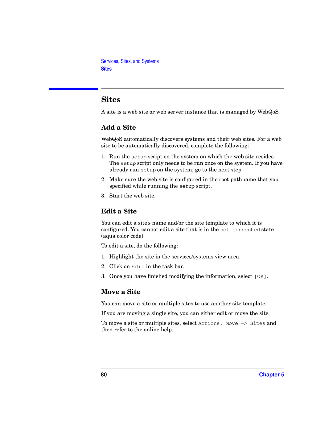 HP WebQoS Software manual Sites, Add a Site, Edit a Site, Move a Site 