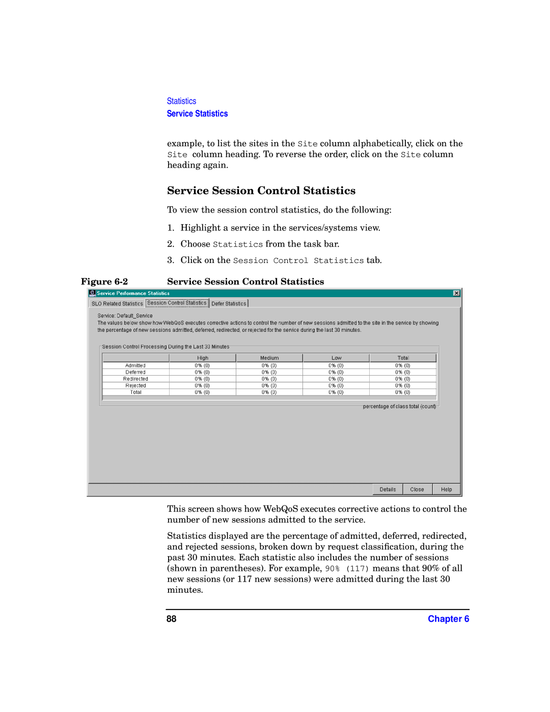 HP WebQoS Software manual Service Session Control Statistics 