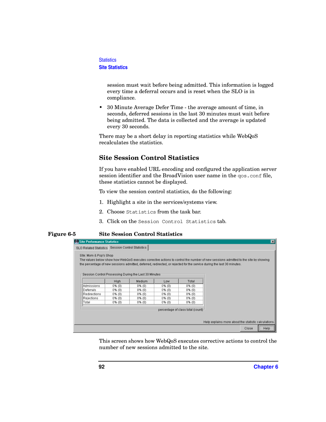 HP WebQoS Software manual Site Session Control Statistics 