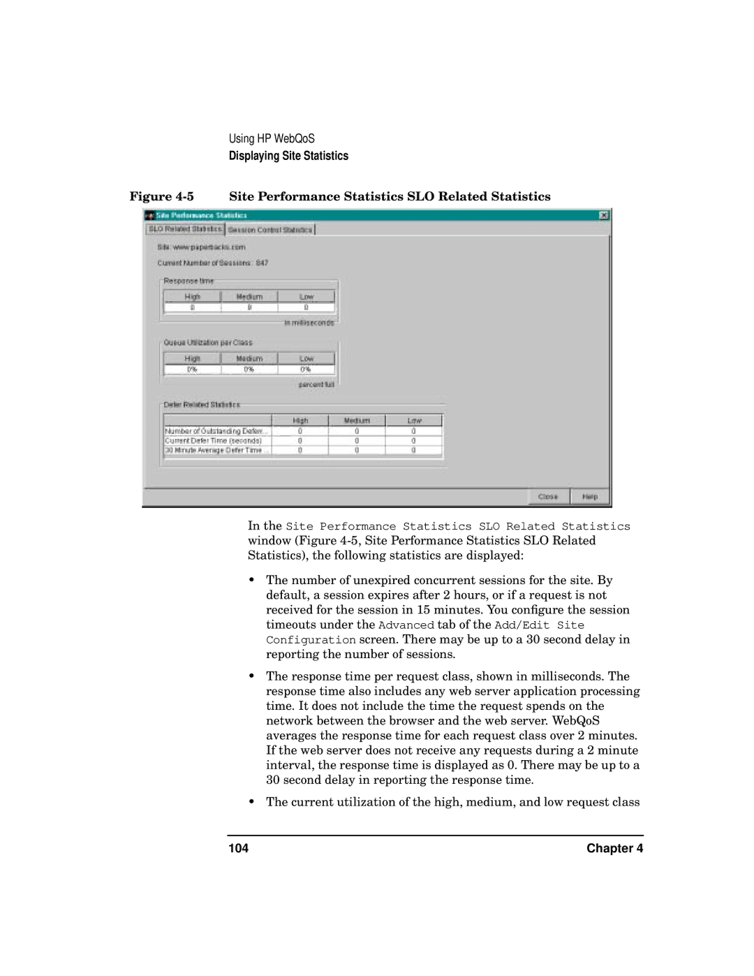 HP WebQoS Software manual Site Performance Statistics SLO Related Statistics, Chapter 