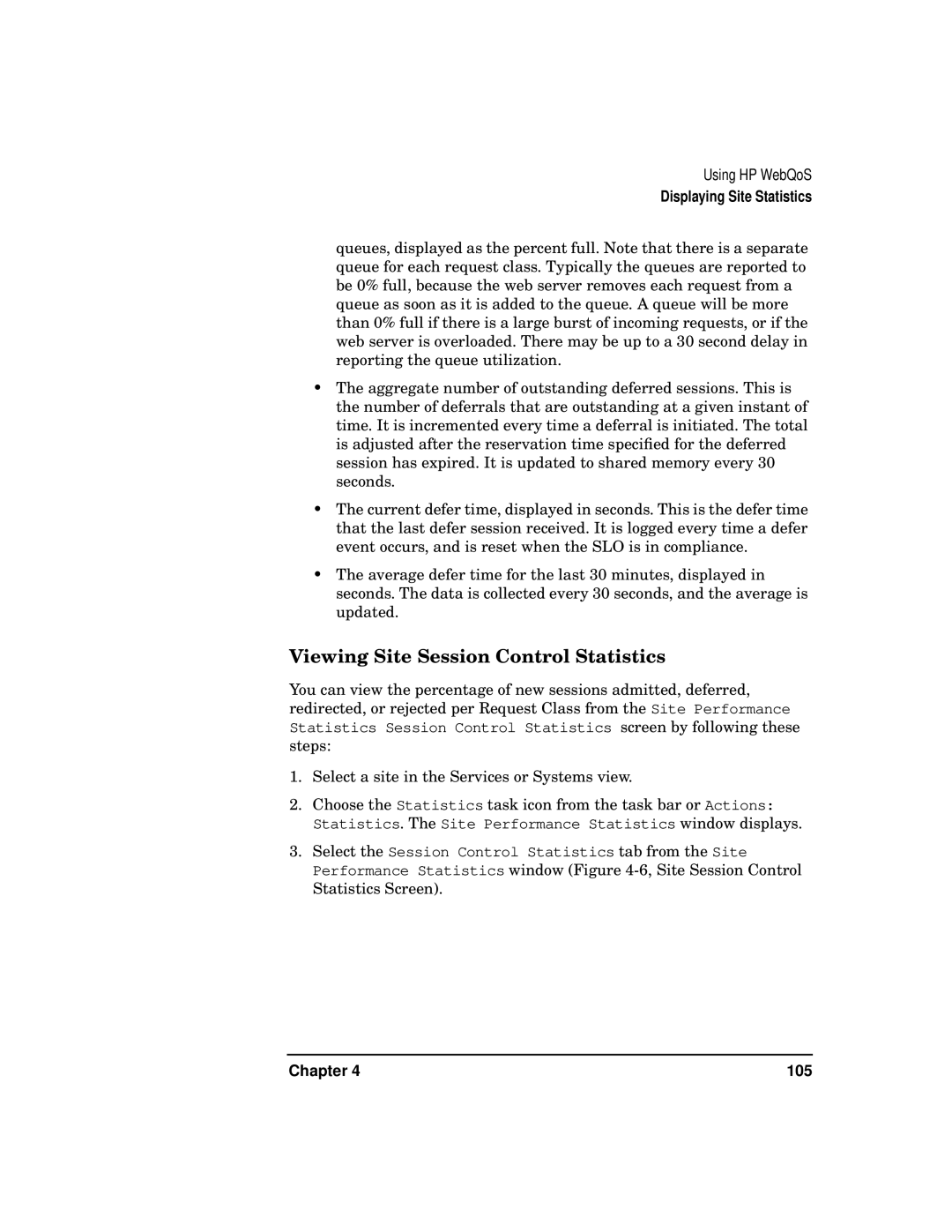 HP WebQoS Software manual Viewing Site Session Control Statistics 
