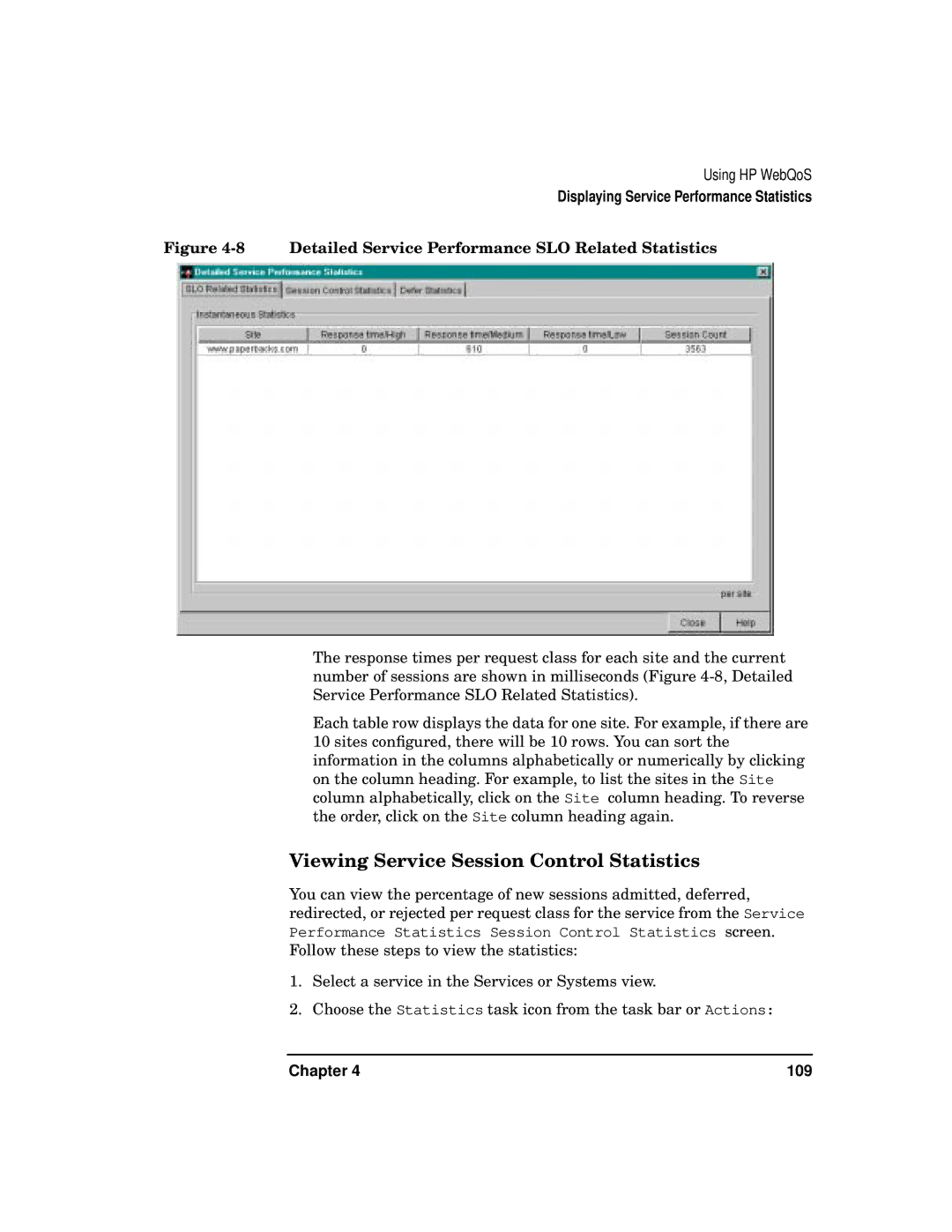 HP WebQoS Software manual Viewing Service Session Control Statistics 