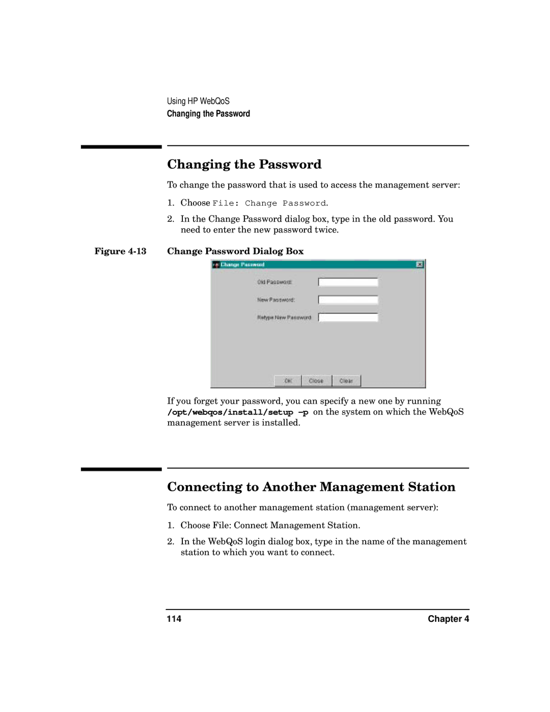 HP WebQoS Software manual Changing the Password, Connecting to Another Management Station, Chapter 