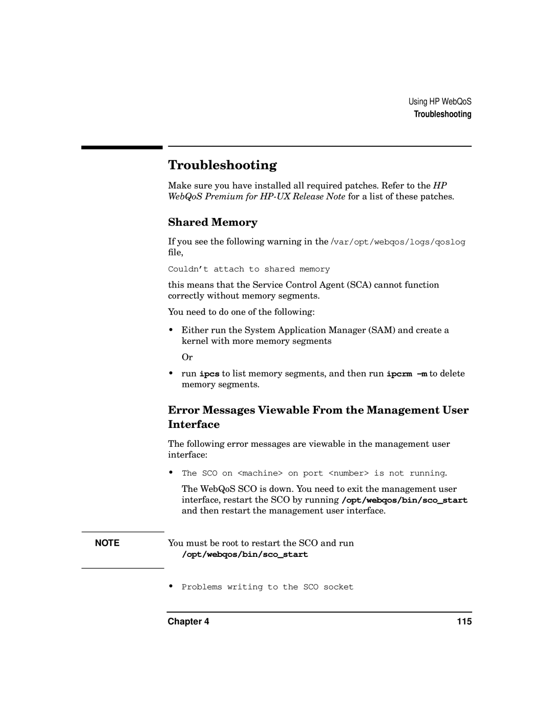 HP WebQoS Software manual Troubleshooting, Shared Memory, Error Messages Viewable From the Management User Interface 