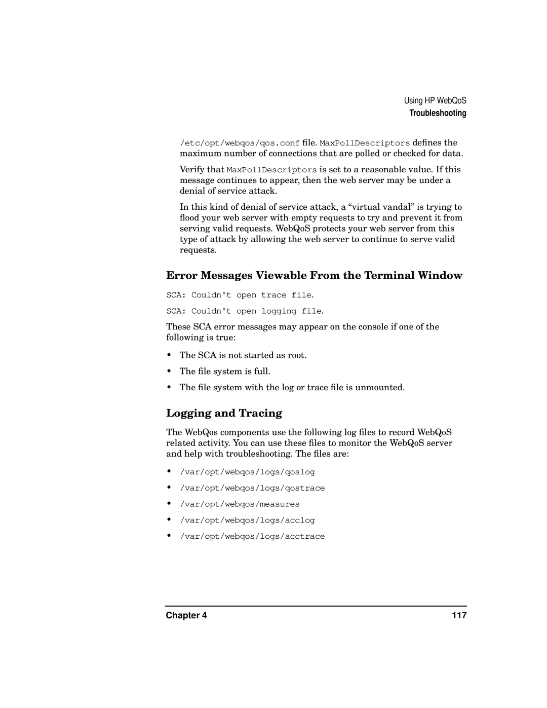 HP WebQoS Software manual Error Messages Viewable From the Terminal Window, Logging and Tracing 