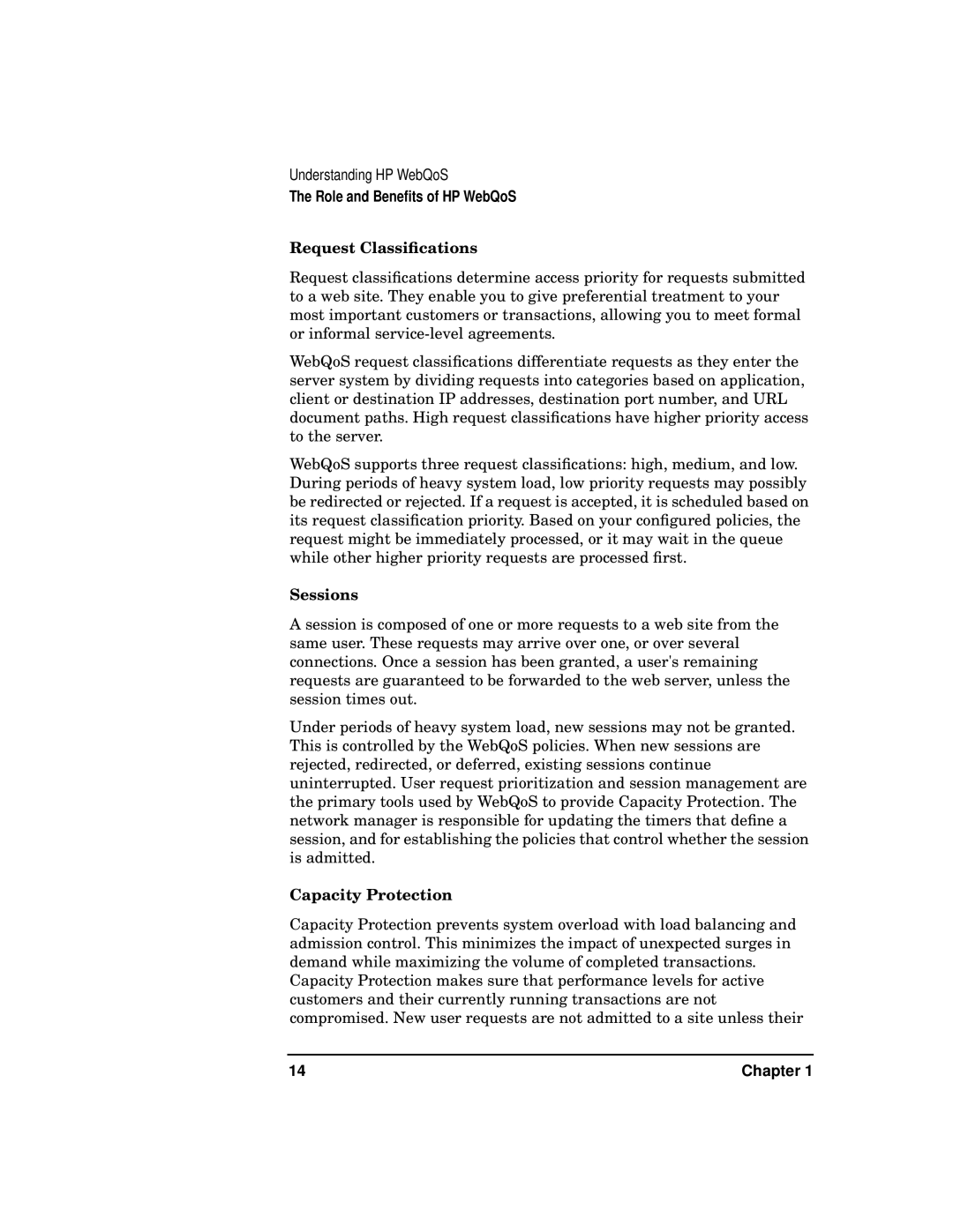 HP WebQoS Software manual Request Classiﬁcations, Sessions, Capacity Protection 