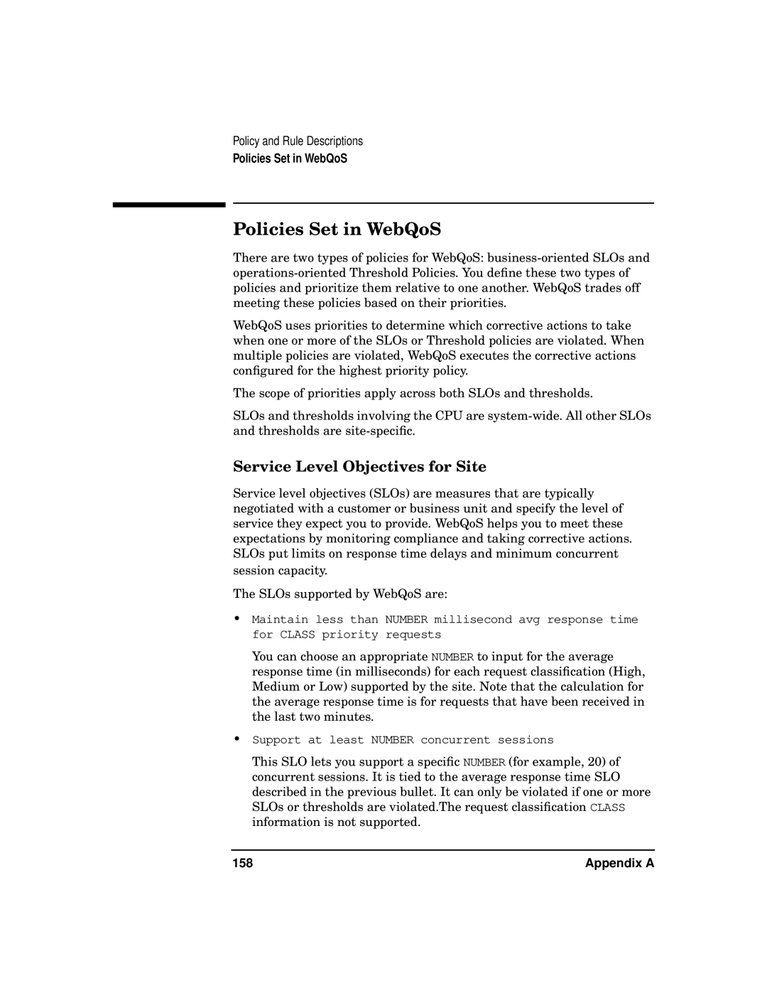 HP WebQoS Software manual Policies Set in WebQoS, Service Level Objectives for Site, Appendix a 