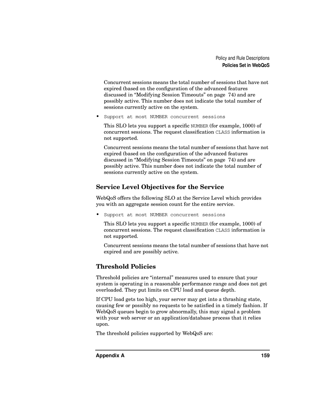 HP WebQoS Software manual Service Level Objectives for the Service, Threshold Policies, Appendix a 159 