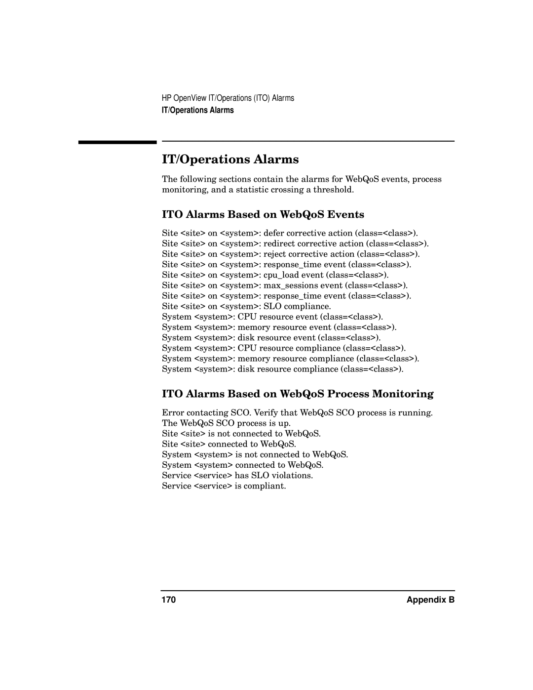 HP WebQoS Software IT/Operations Alarms, ITO Alarms Based on WebQoS Events, ITO Alarms Based on WebQoS Process Monitoring 