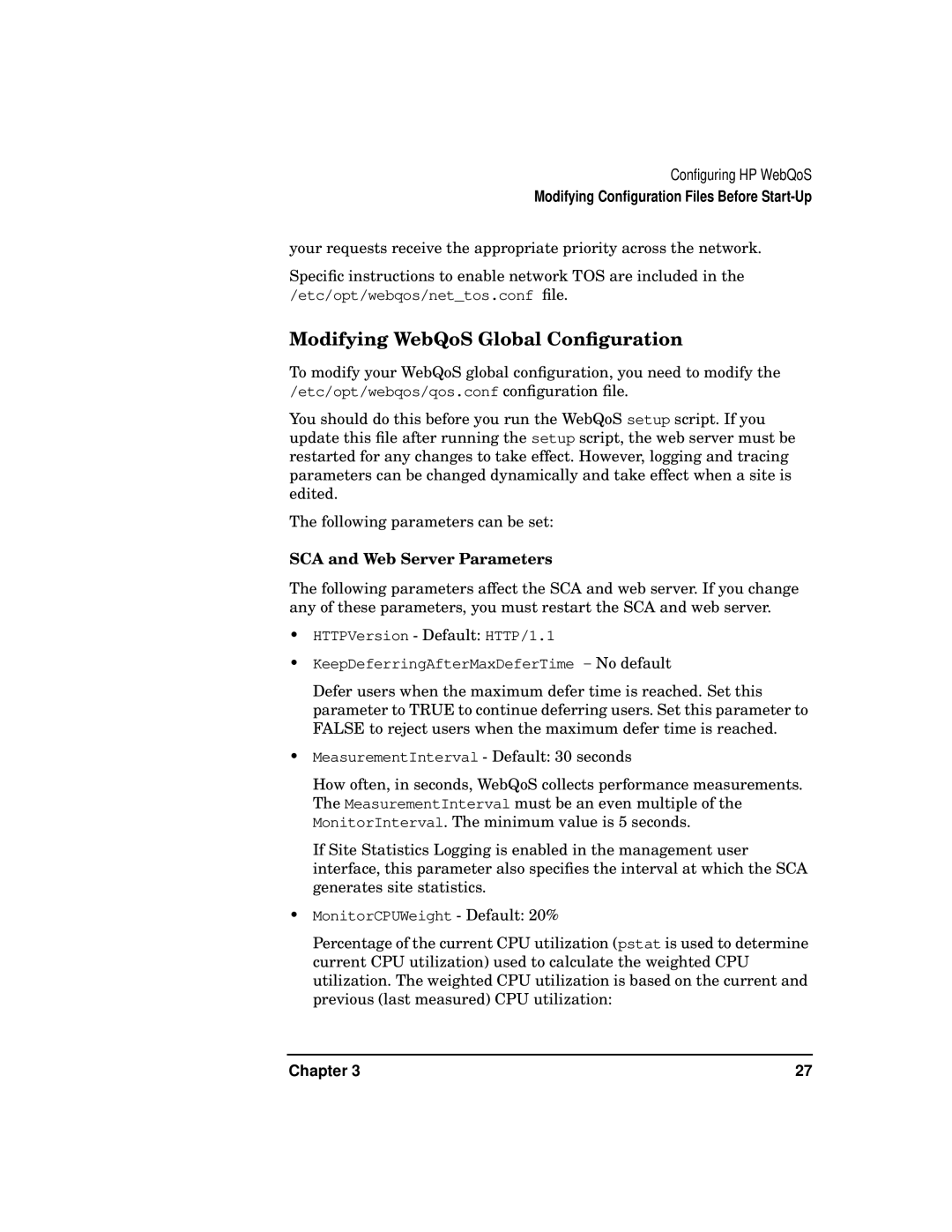HP WebQoS Software manual Modifying WebQoS Global Conﬁguration, SCA and Web Server Parameters 