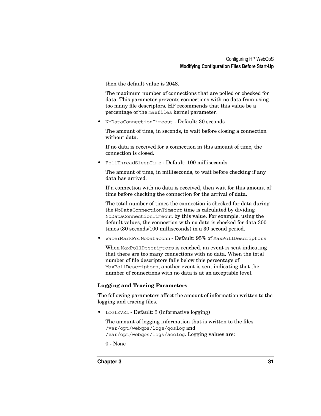 HP WebQoS Software manual Logging and Tracing Parameters 