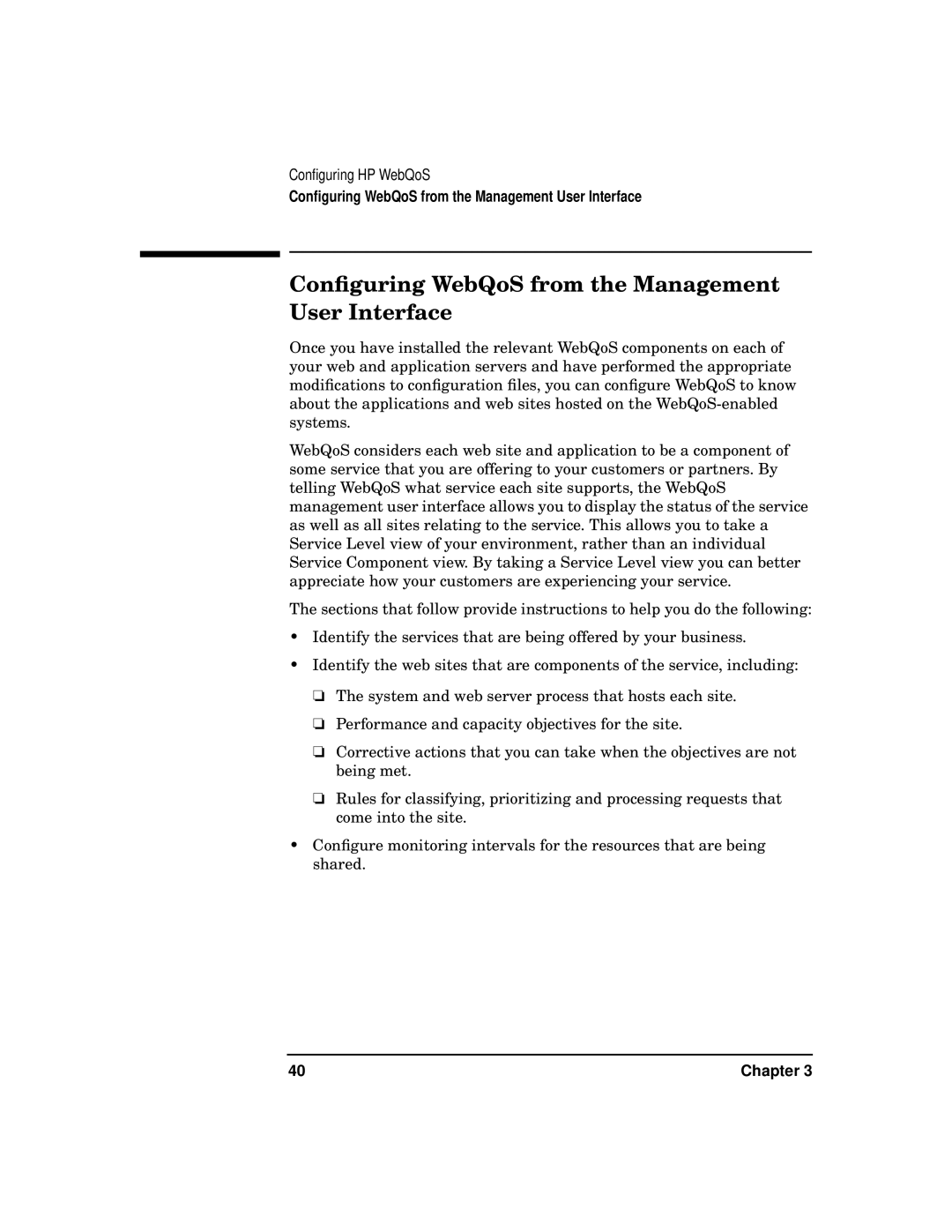 HP WebQoS Software manual Conﬁguring WebQoS from the Management User Interface 