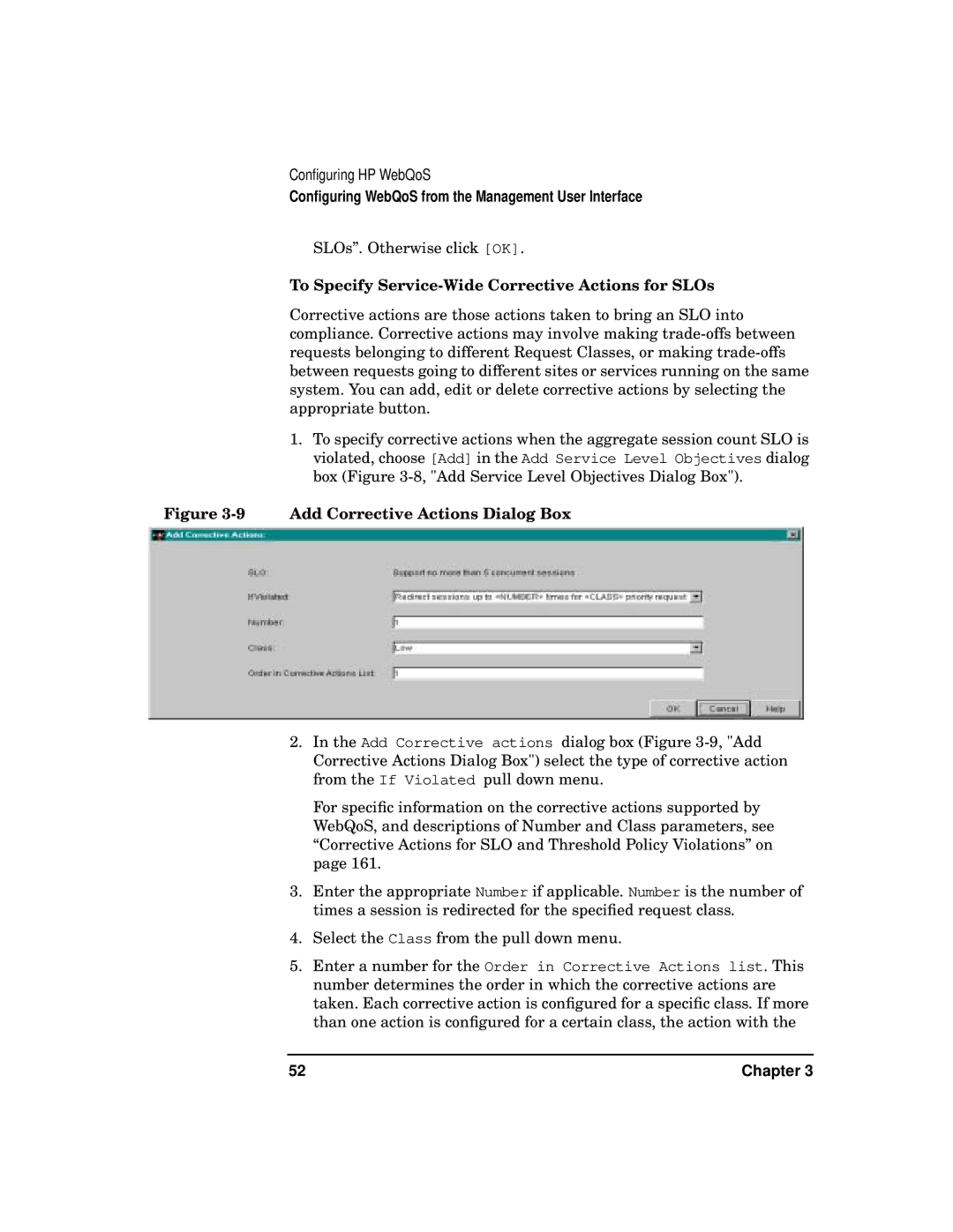 HP WebQoS Software manual To Specify Service-Wide Corrective Actions for SLOs, Add Corrective Actions Dialog Box 