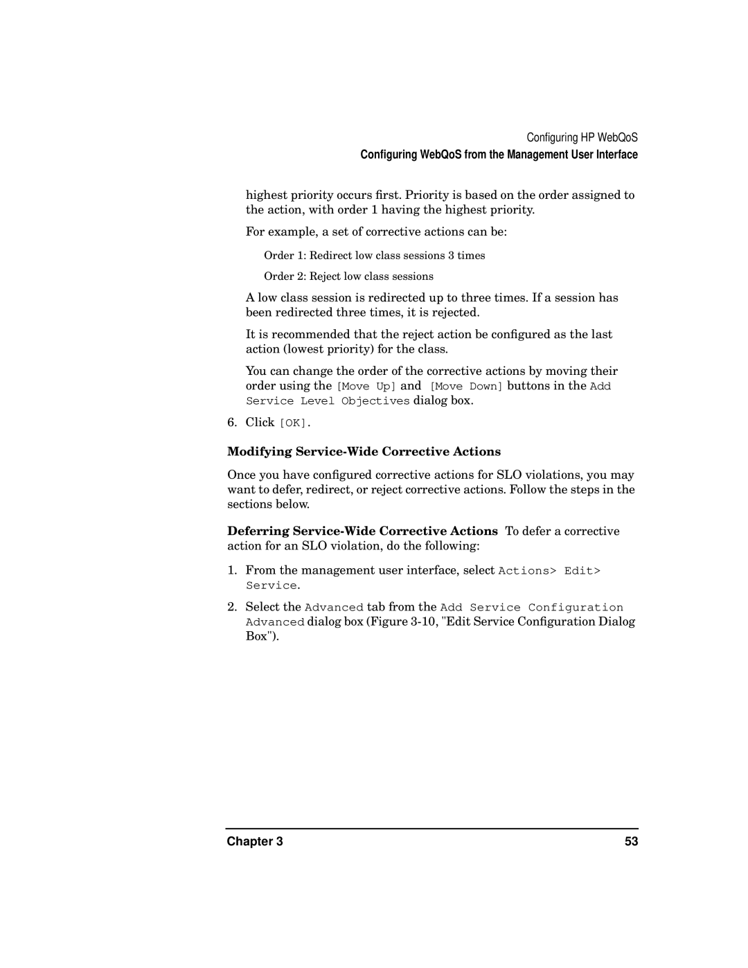 HP WebQoS Software manual Modifying Service-Wide Corrective Actions 