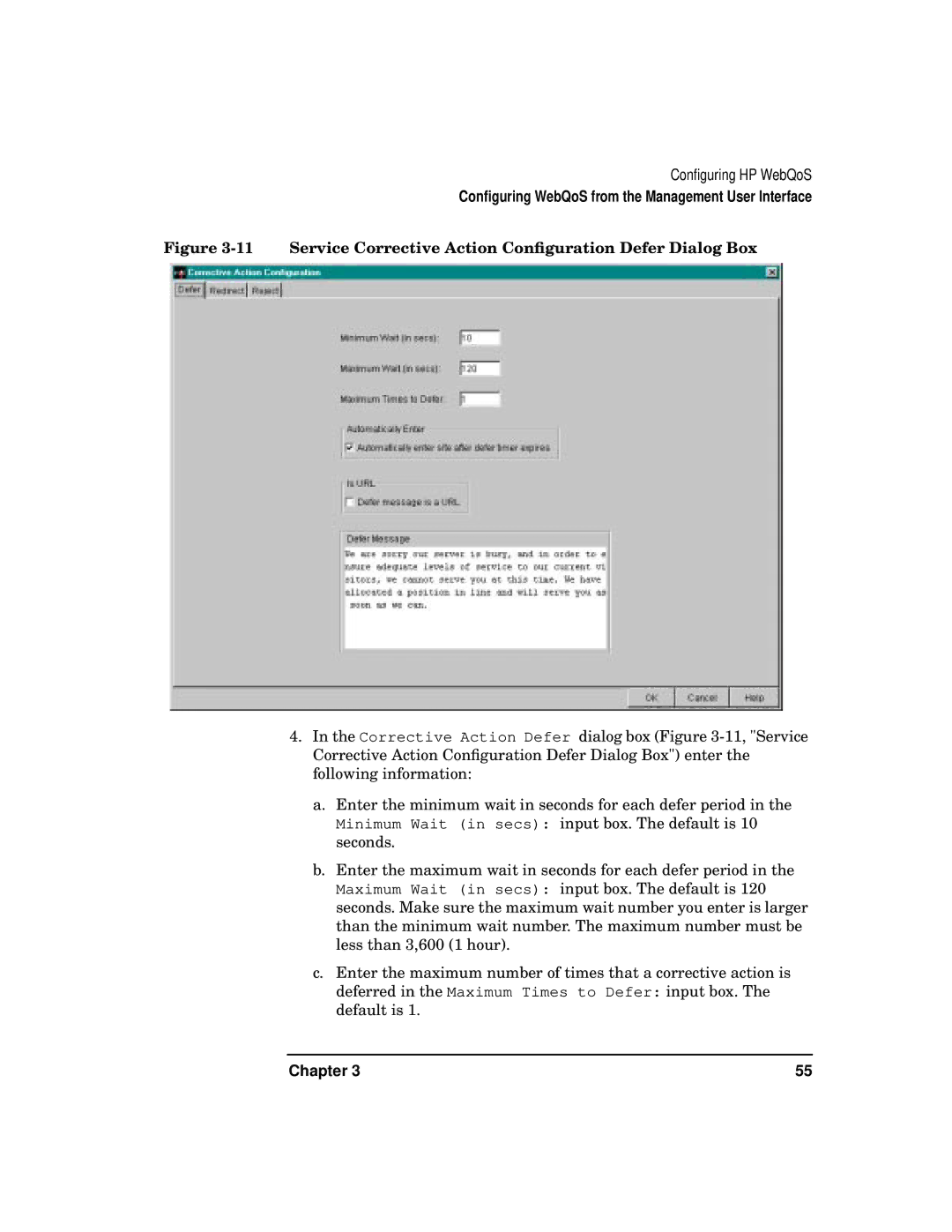 HP WebQoS Software manual Service Corrective Action Conﬁguration Defer Dialog Box 