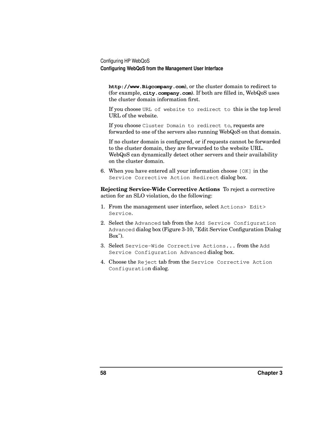 HP WebQoS Software manual Service Corrective Action Redirect dialog box 