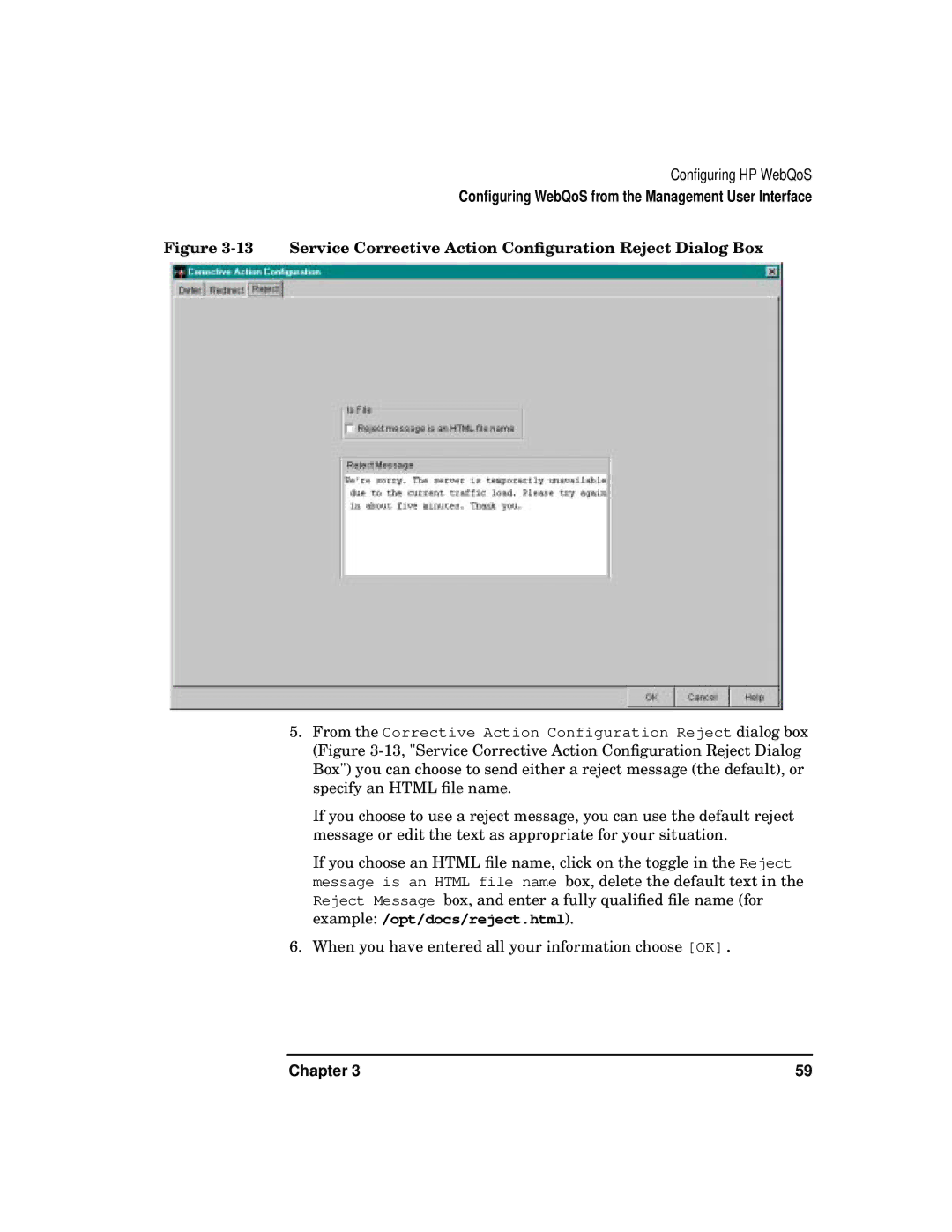 HP WebQoS Software manual Service Corrective Action Conﬁguration Reject Dialog Box 