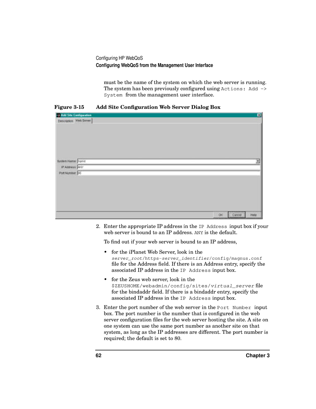 HP WebQoS Software manual Add Site Conﬁguration Web Server Dialog Box 