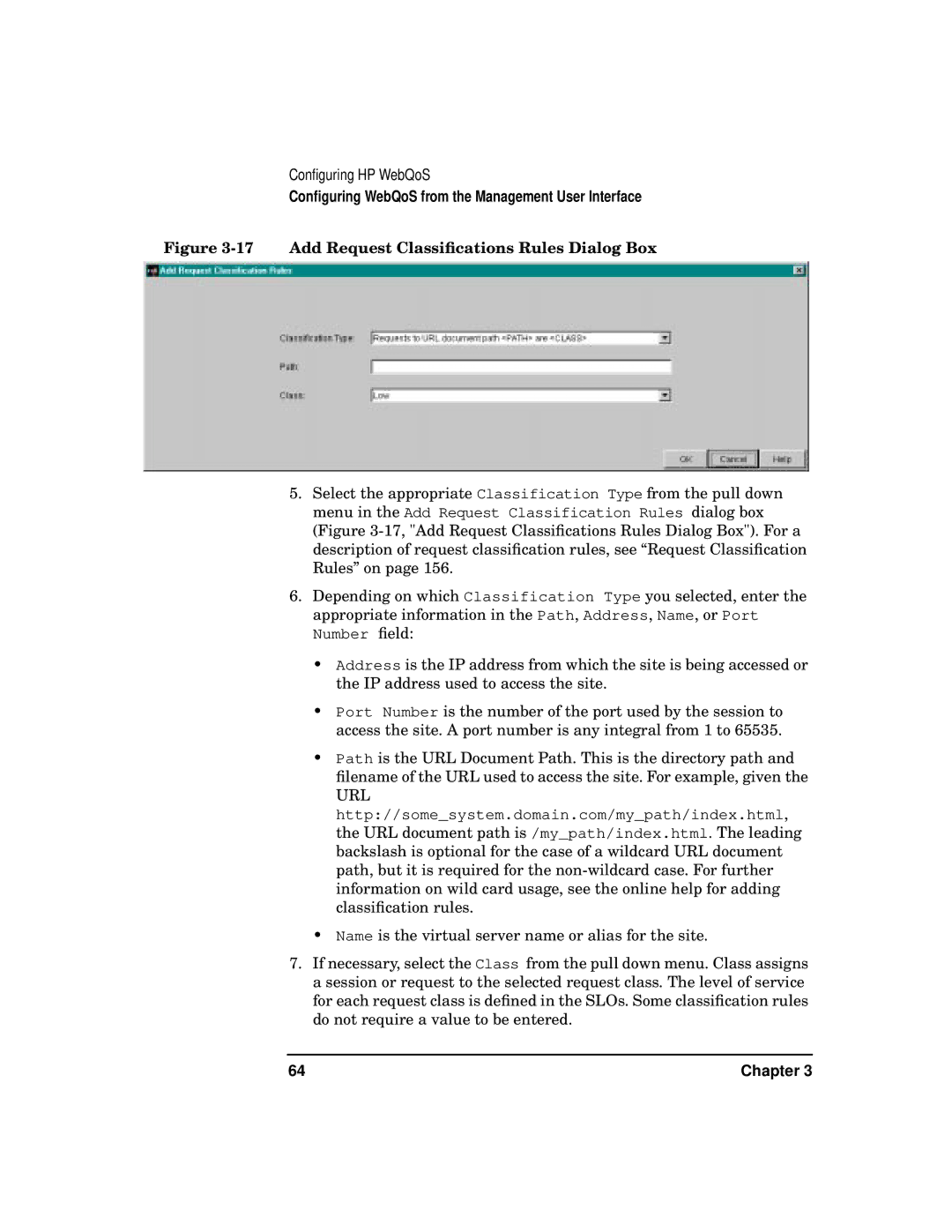 HP WebQoS Software manual Add Request Classiﬁcations Rules Dialog Box 