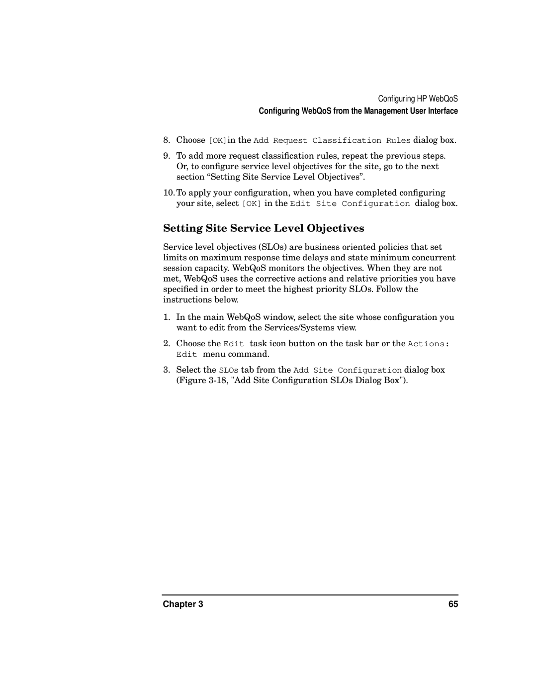 HP WebQoS Software manual Setting Site Service Level Objectives 