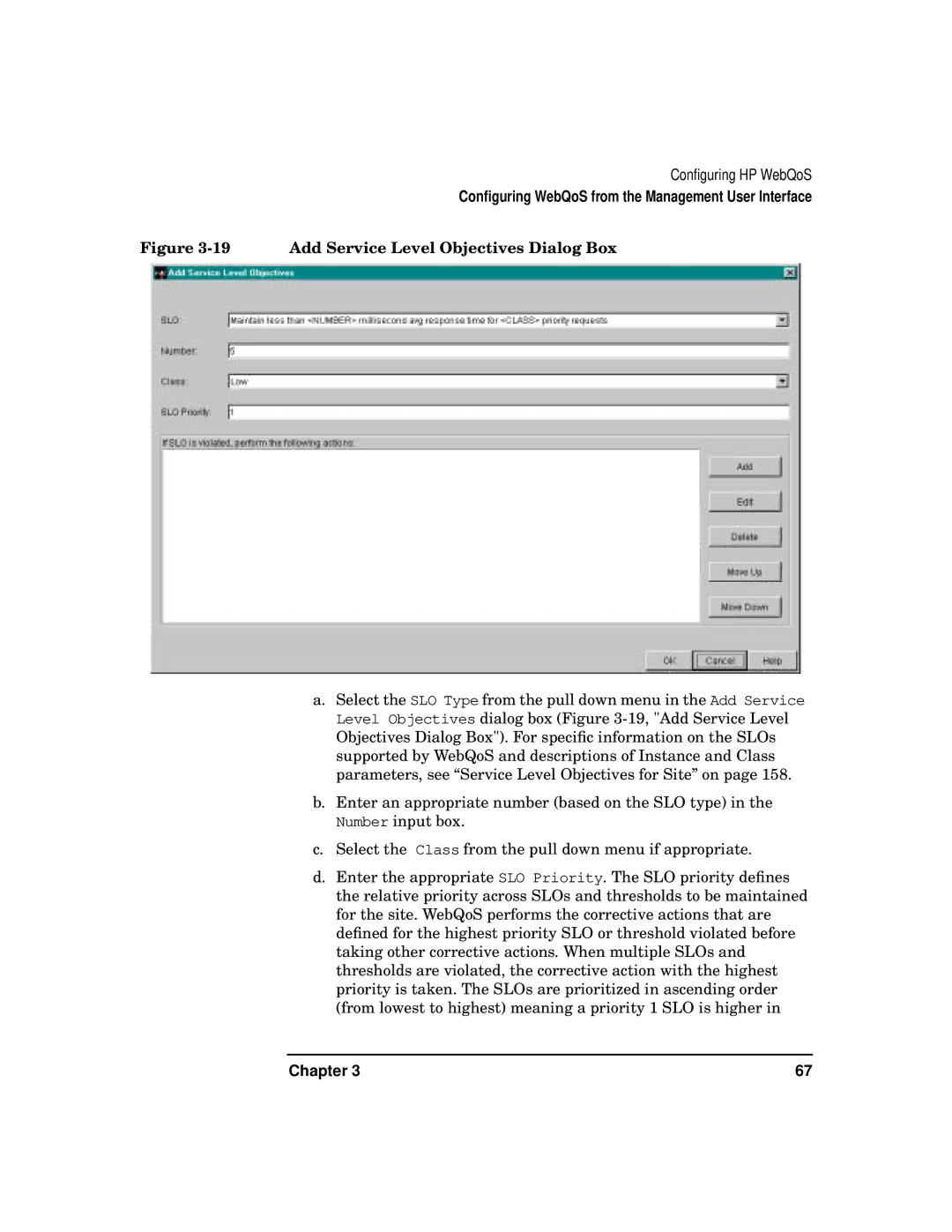 HP WebQoS Software manual Add Service Level Objectives Dialog Box 