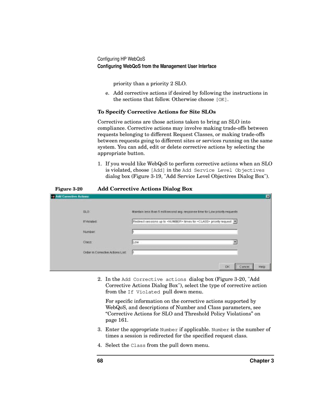 HP WebQoS Software manual To Specify Corrective Actions for Site SLOs, 20Add Corrective Actions Dialog Box 