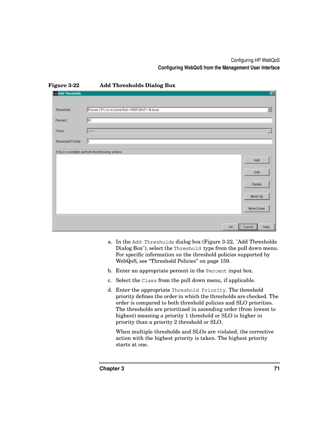 HP WebQoS Software manual Add Thresholds Dialog Box 