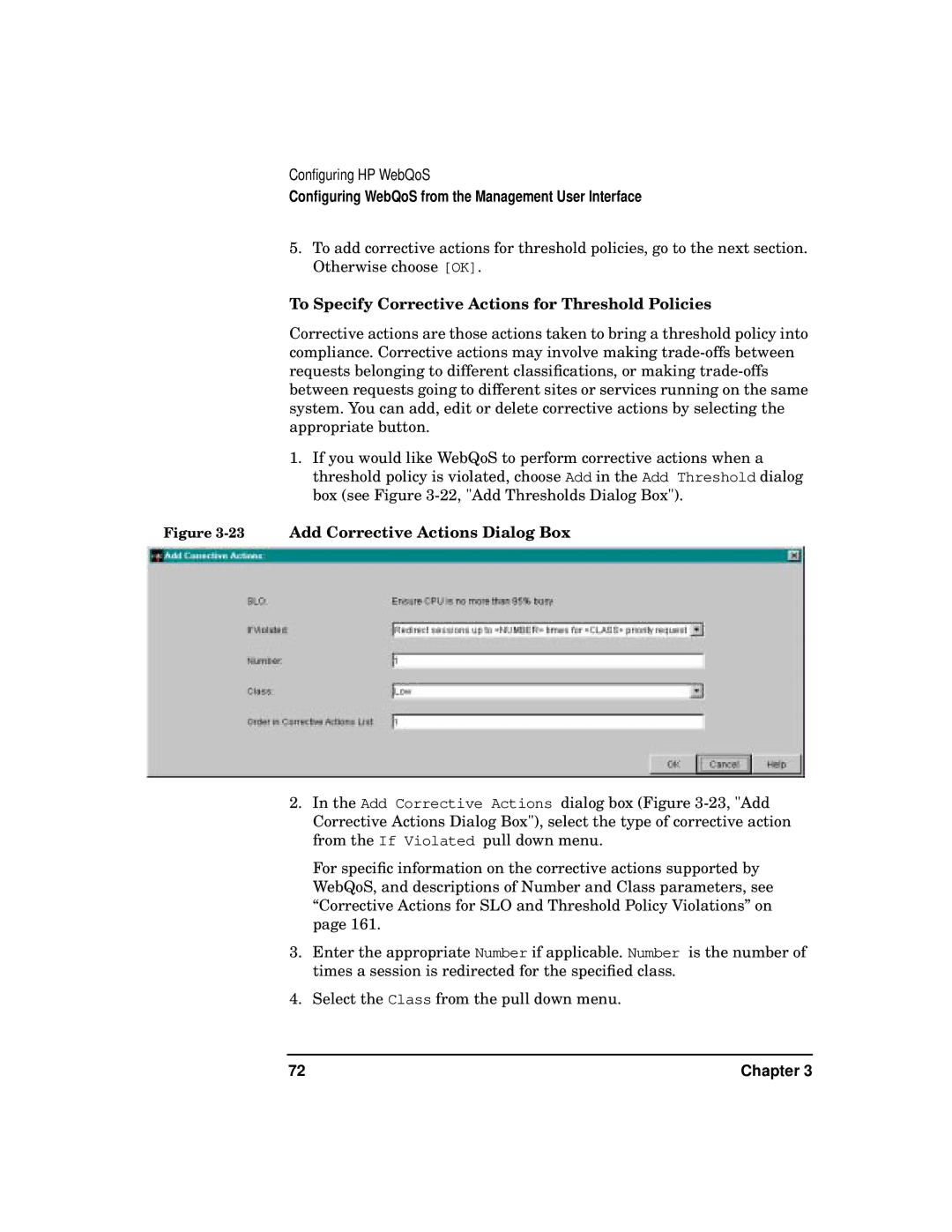 HP WebQoS Software manual To Specify Corrective Actions for Threshold Policies, 23Add Corrective Actions Dialog Box 