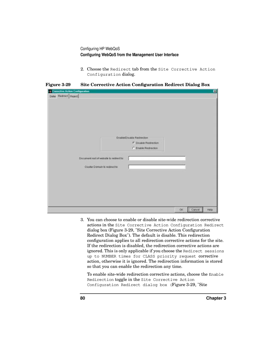 HP WebQoS Software manual Site Corrective Action Conﬁguration Redirect Dialog Box 