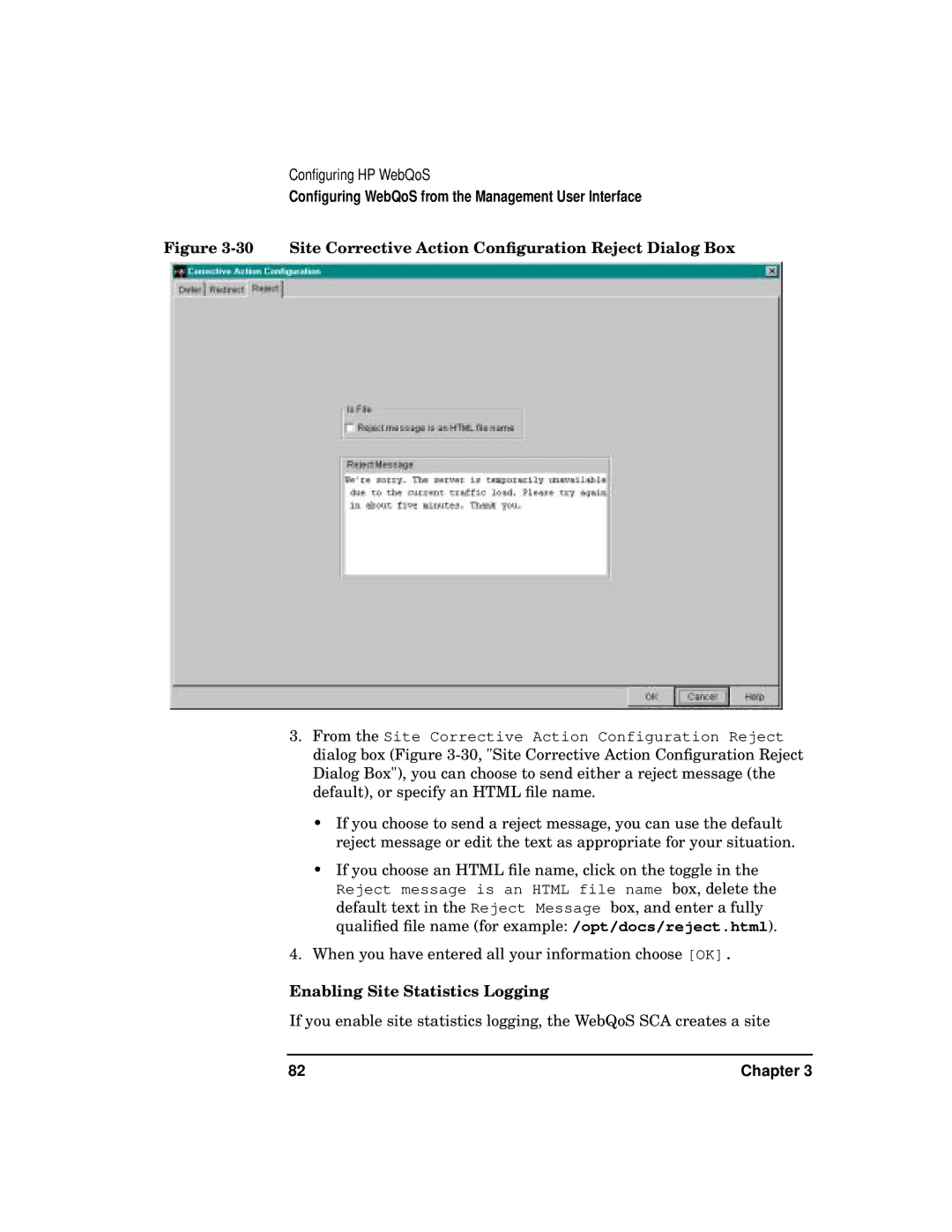 HP WebQoS Software manual Site Corrective Action Conﬁguration Reject Dialog Box, Enabling Site Statistics Logging 