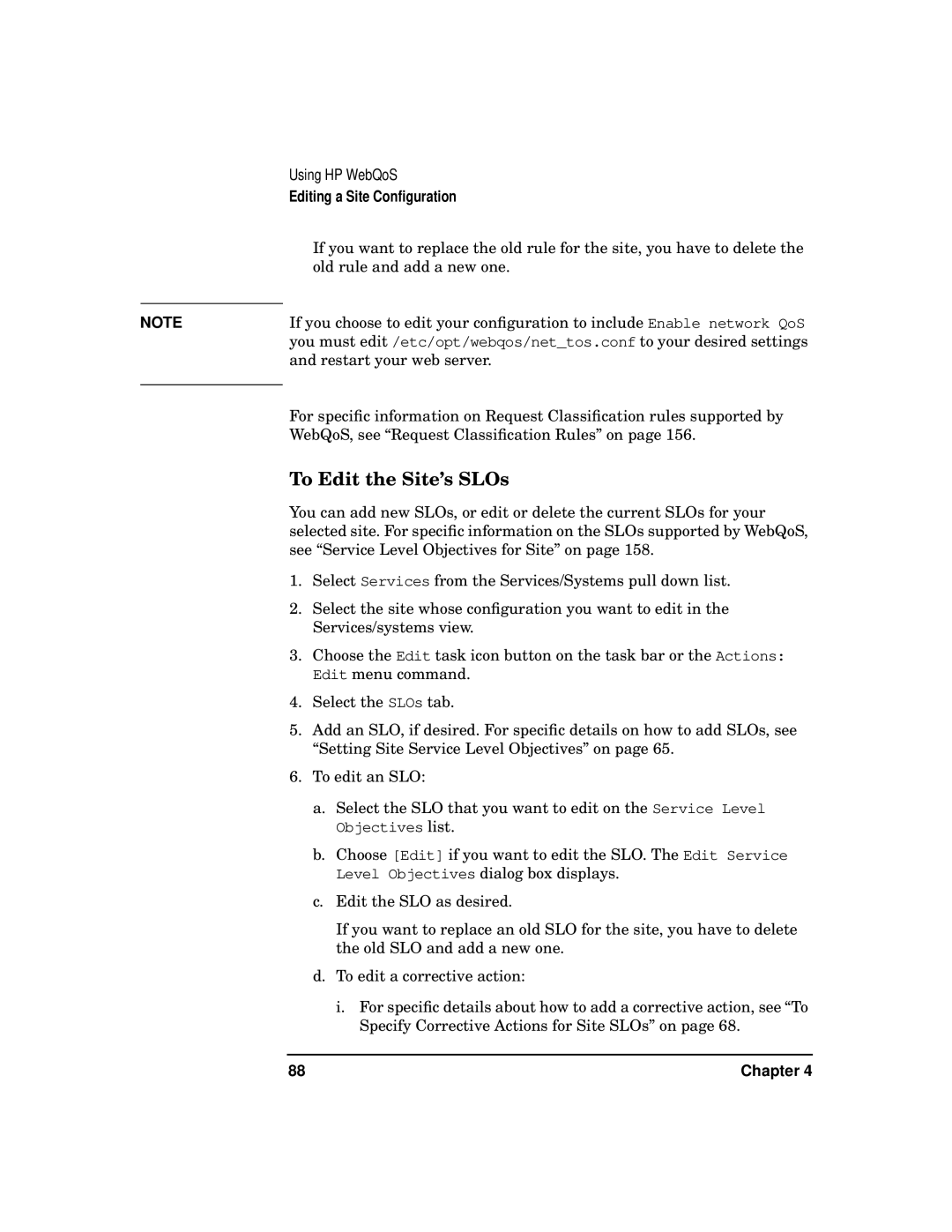 HP WebQoS Software manual To Edit the Site’s SLOs, Editing a Site Conﬁguration 