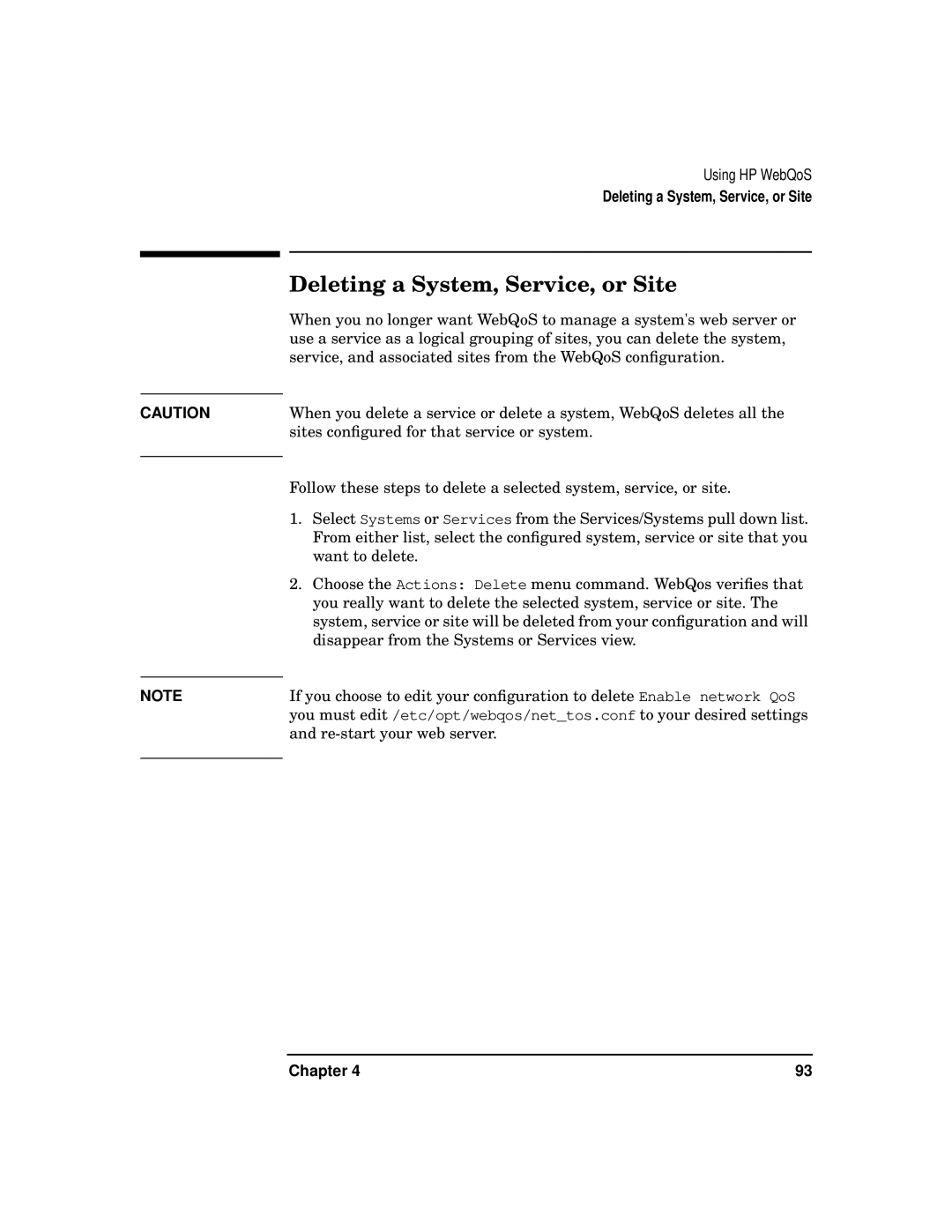 HP WebQoS Software manual Deleting a System, Service, or Site 