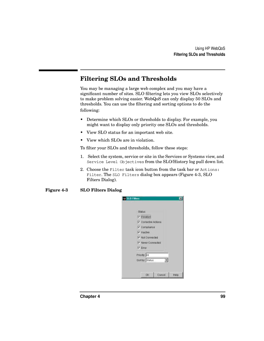 HP WebQoS Software manual Filtering SLOs and Thresholds 