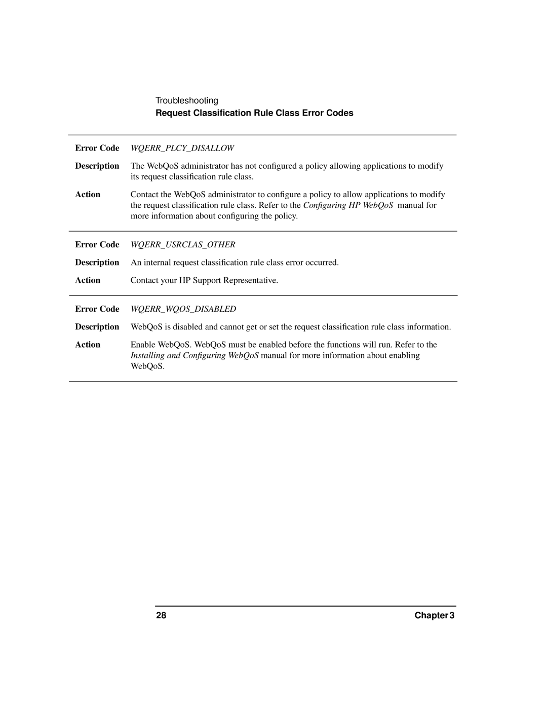 HP WebQoS Software manual Request Classiﬁcation Rule Class Error Codes 