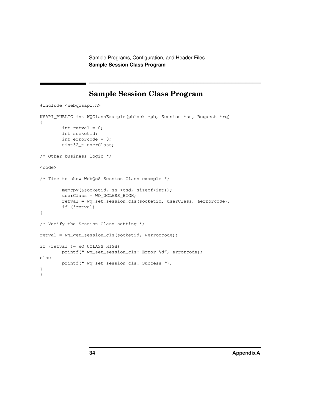 HP WebQoS Software manual Sample Session Class Program 