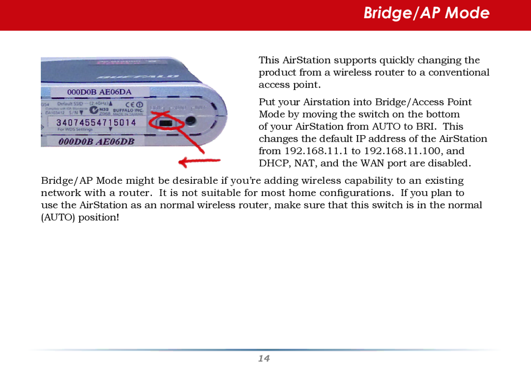 HP WHR--AG108 manual Bridge/AP Mode 