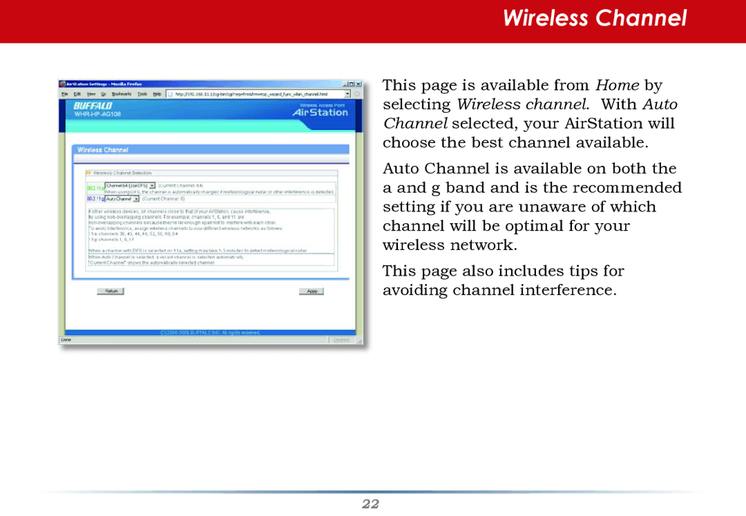 HP WHR--AG108 manual Wireless Channel 