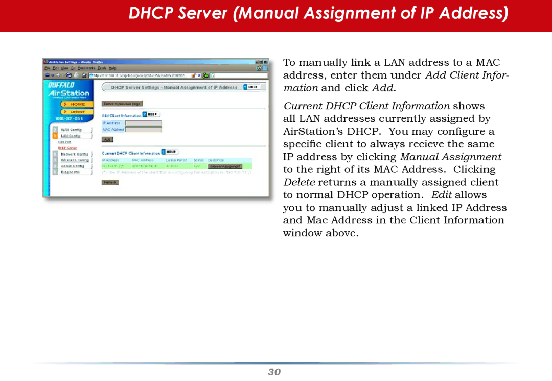 HP WHR--AG108 manual Dhcp Server Manual Assignment of IP Address 