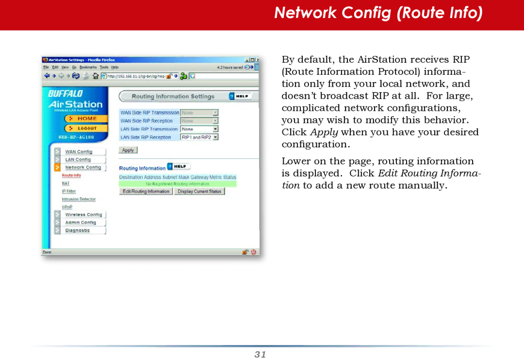 HP WHR--AG108 manual Network Config Route Info 