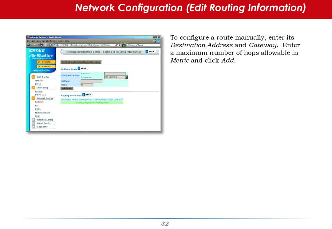 HP WHR--AG108 manual Network Configuration Edit Routing Information 