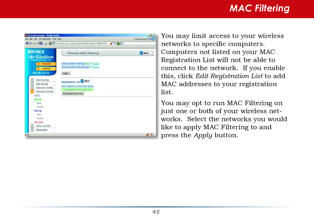 HP WHR--AG108 manual MAC Filtering 