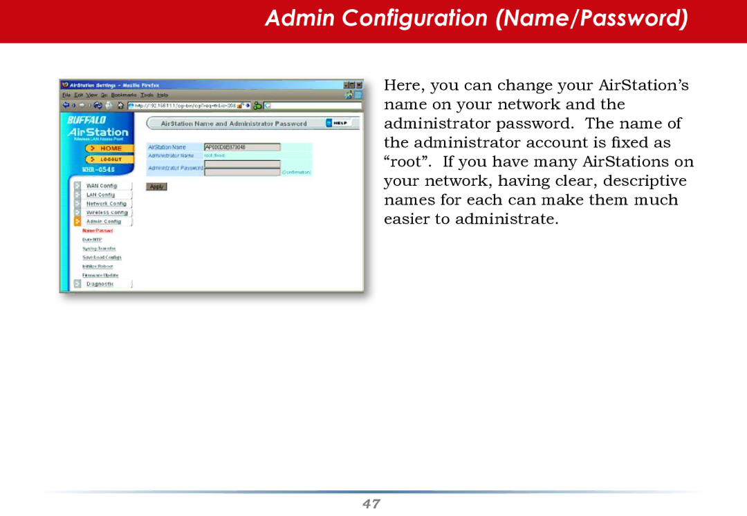 HP WHR--AG108 manual Admin Configuration Name/Password 