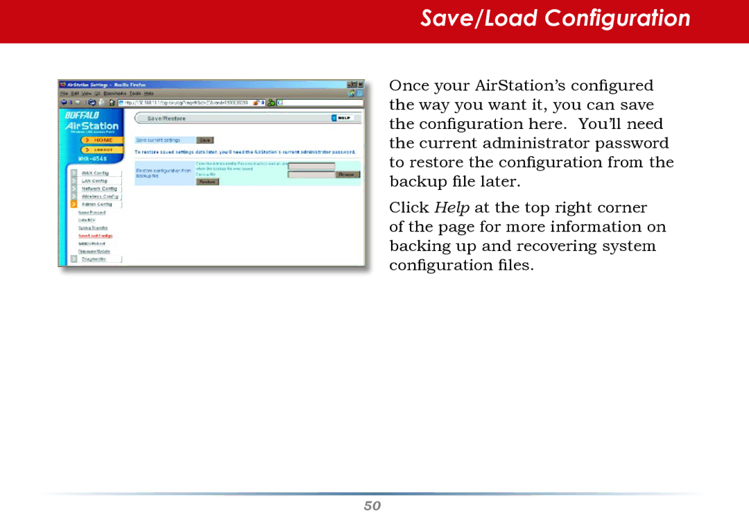 HP WHR--AG108 manual Save/Load Configuration 